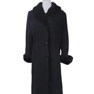 Vintage Albert Nipon‎ Black Wool Faux FurTrench Topstitch Detail Fully Lined